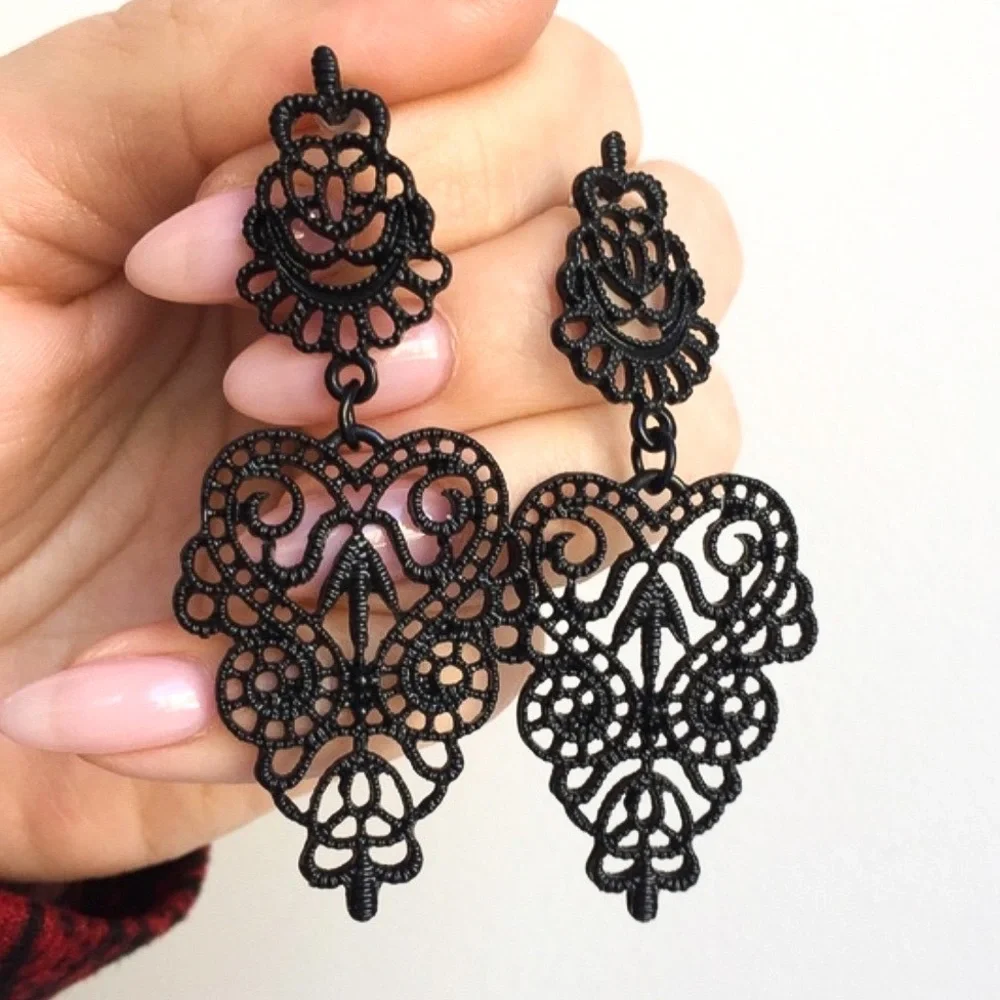 Black Lace Statement Drop Earrings - Picture 3 of 9